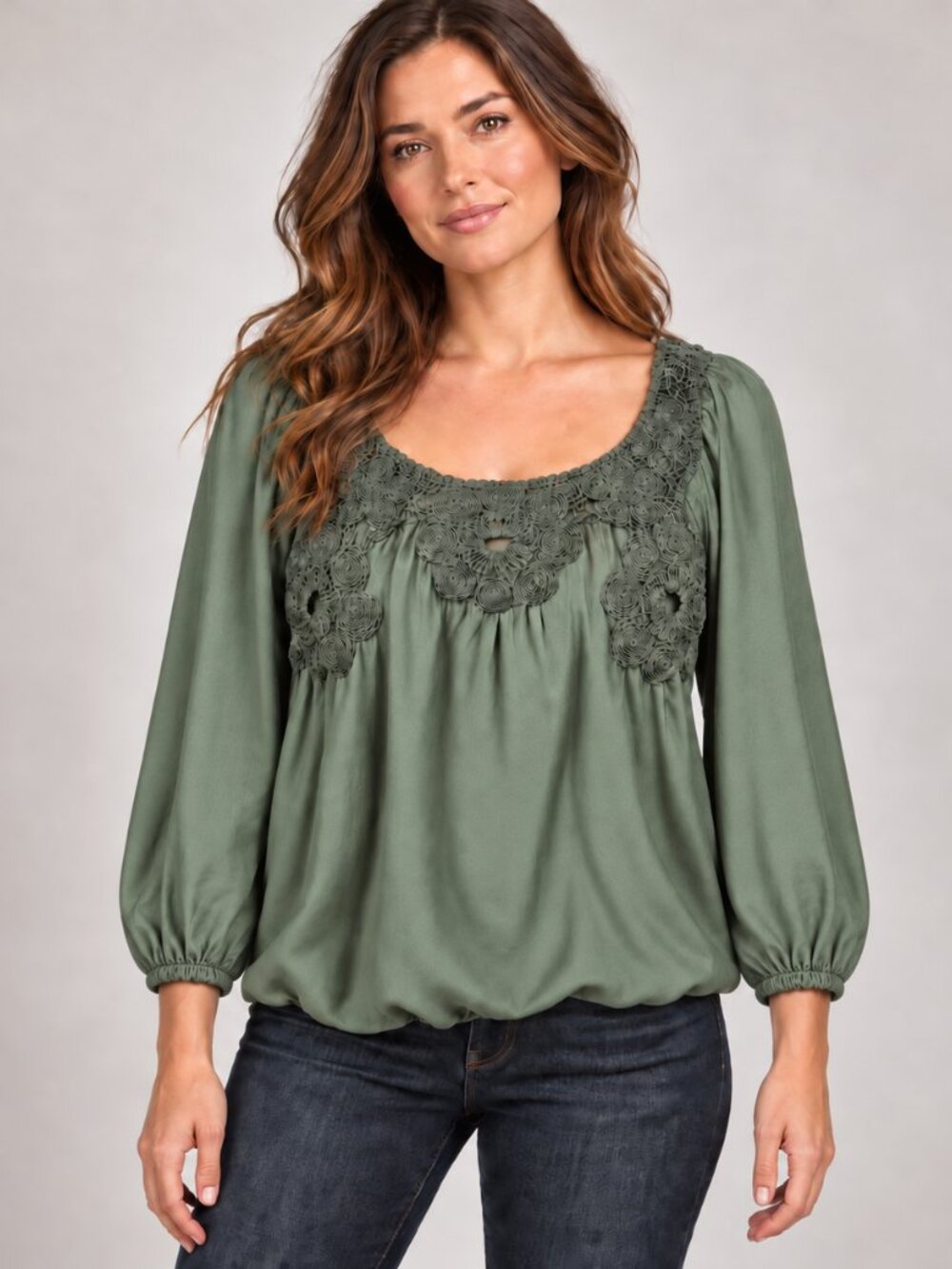 Sophie Max Rosette Neck Long Sleeve Top Women Medium Rayon